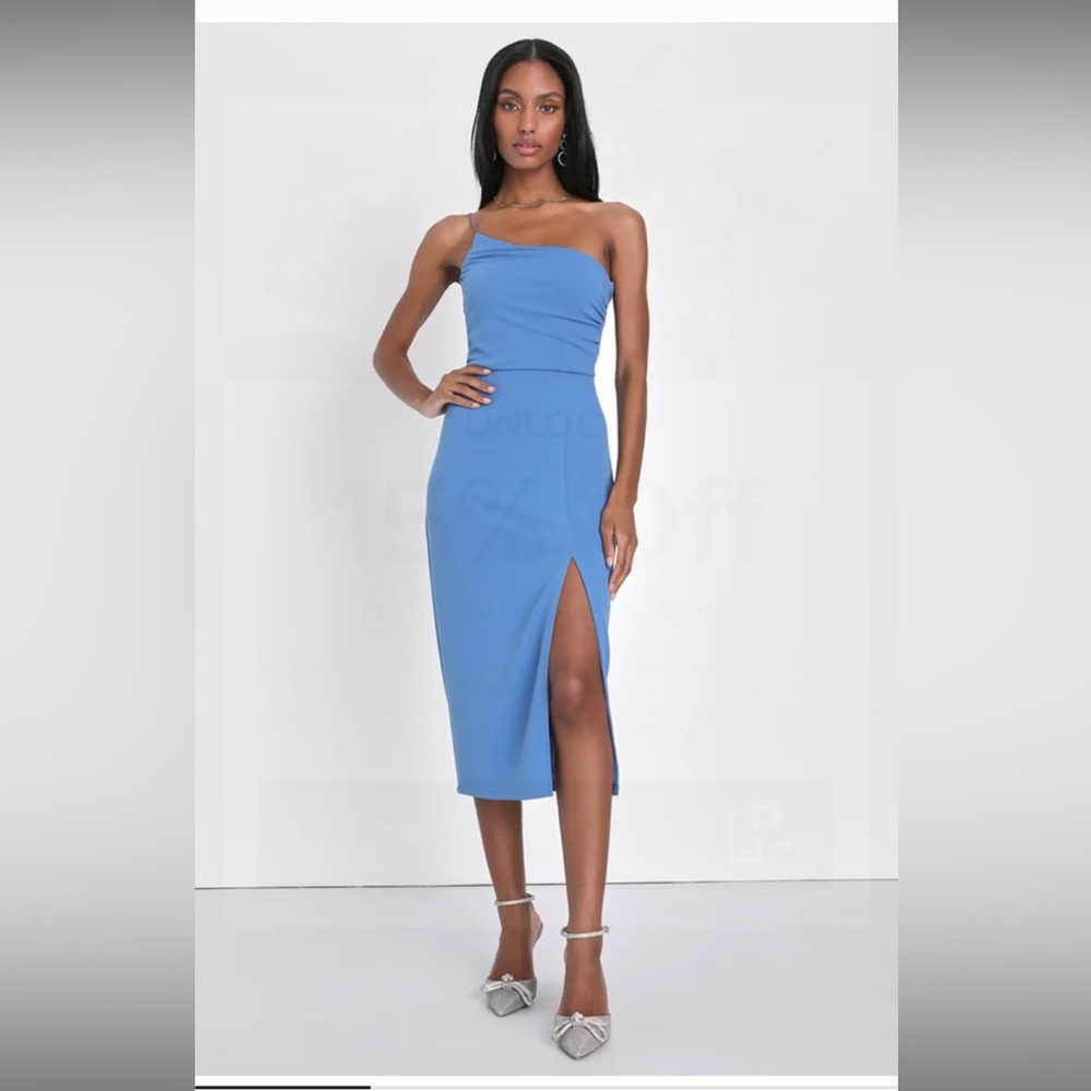 Lulus Elegant Allure Slate Blue One-Shoulder Sleeveless Midi Dress